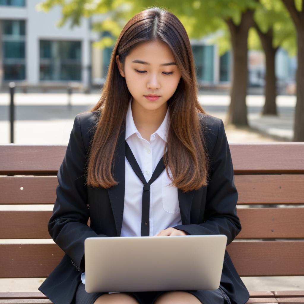 A woman works on her laptop while sitting on a bench A woman works on her laptop while sitting on a bench