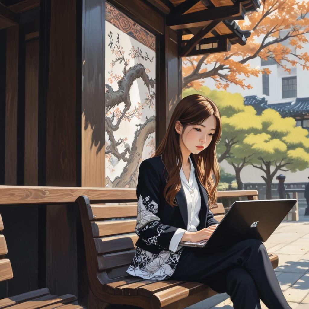 Woman on a bench using her laptop in a garden Woman on a bench using her laptop in a garden