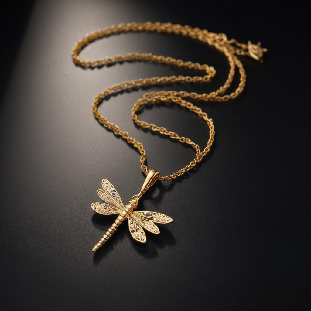 A gold dragonfly pendant necklace on a black background A gold dragonfly pendant necklace on a black background