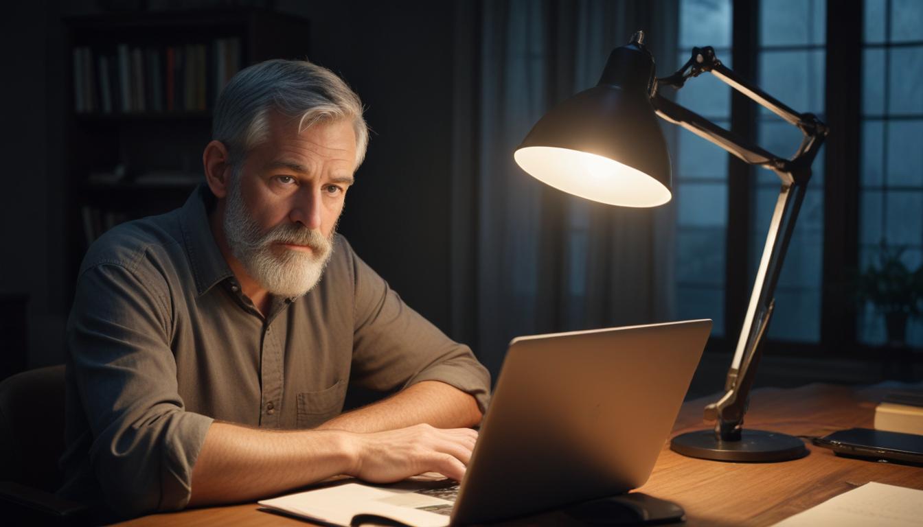 A man works on his laptop late at night A man works on his laptop late at night