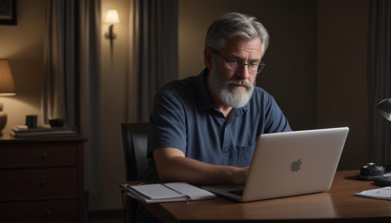 A man works on a laptop in a dimly lit room A man works on a laptop in a dimly lit room