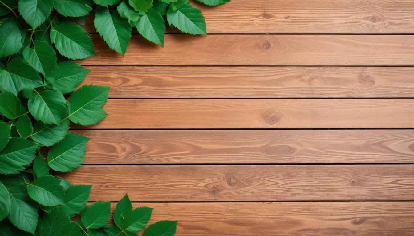 Green leaves border a wooden surface Green leaves border a wooden surface