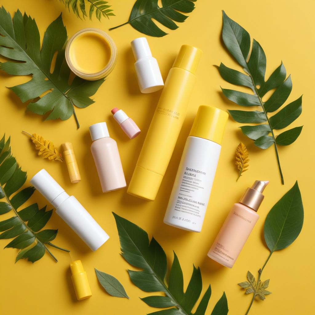 Skincare products flat lay on yellow background Skincare products flat lay on yellow background
