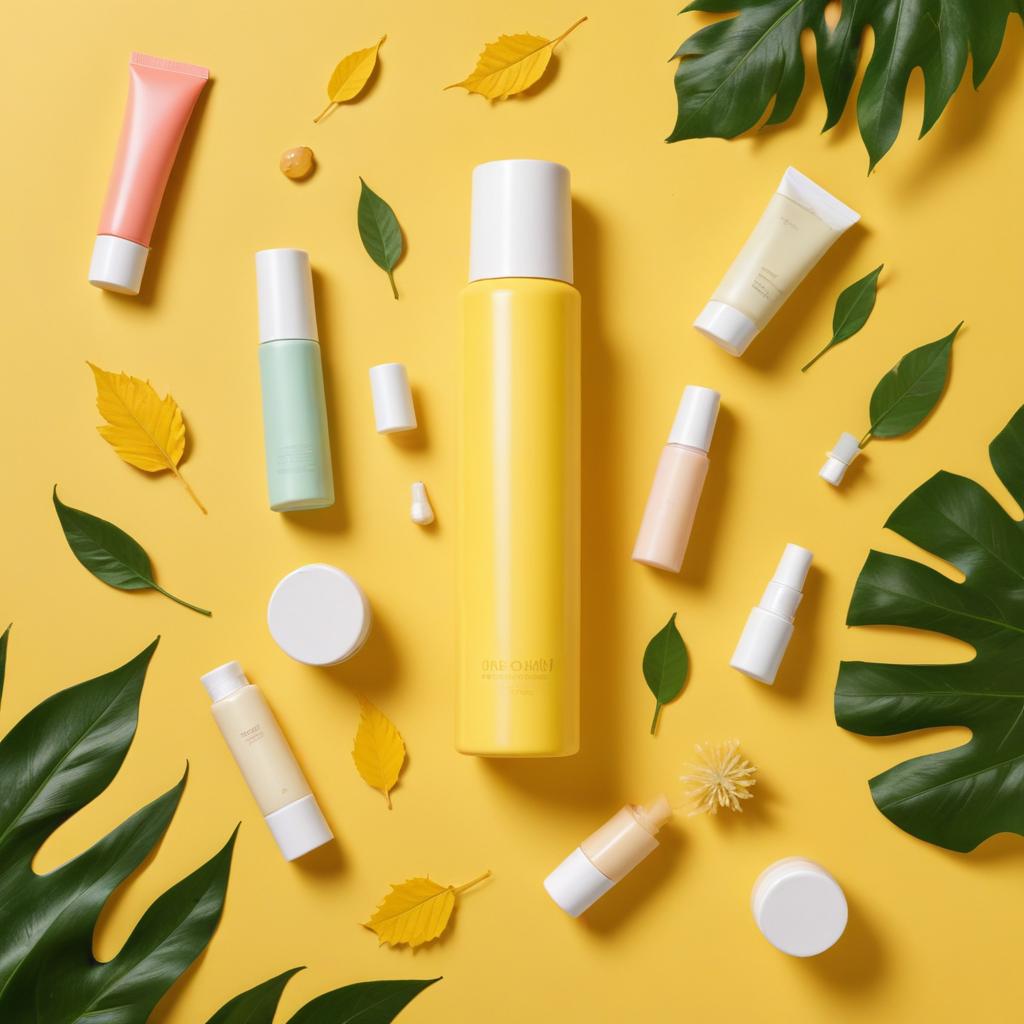 Skincare products on a yellow background with leaves Skincare products on a yellow background with leaves