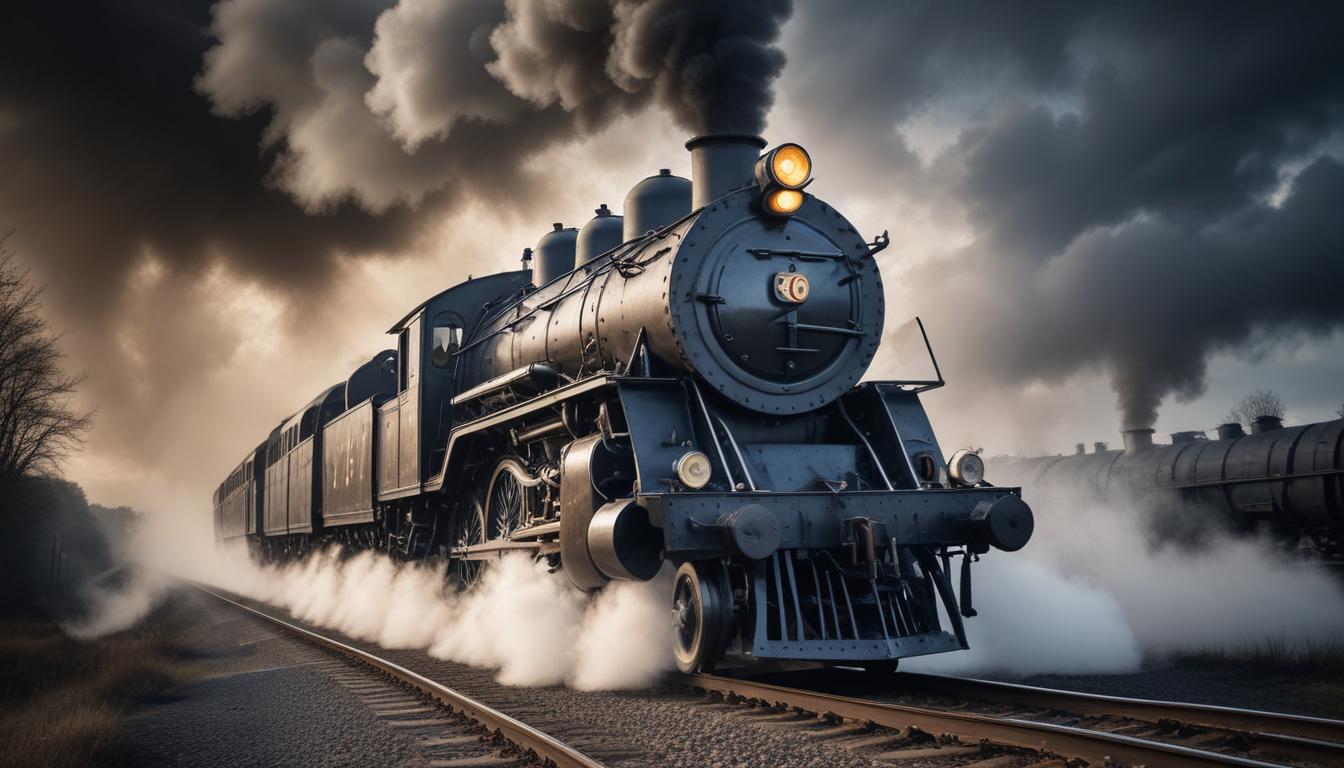 A steam locomotive travels along a track A steam locomotive travels along a track