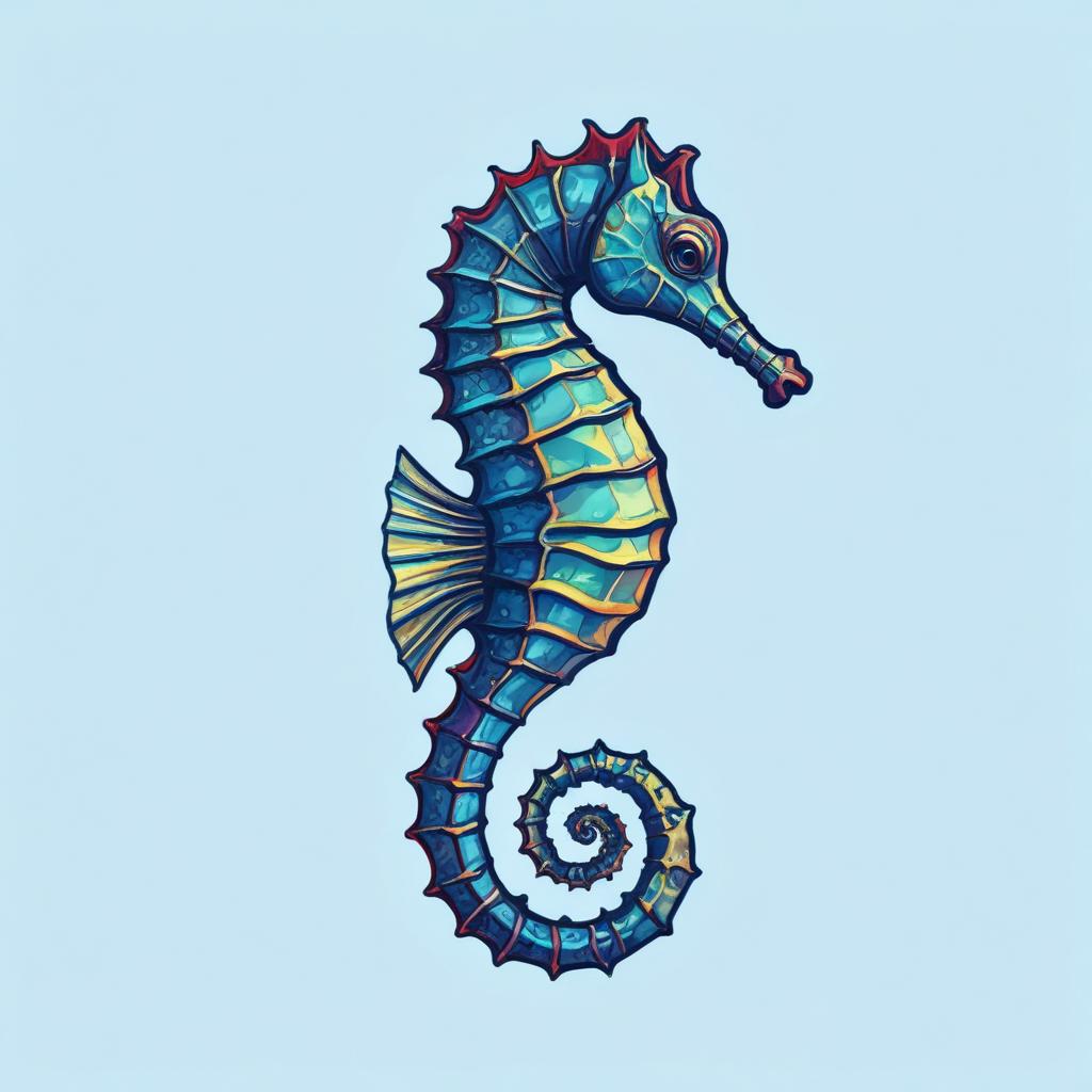 A blue and yellow seahorse with a curled tail A blue and yellow seahorse with a curled tail