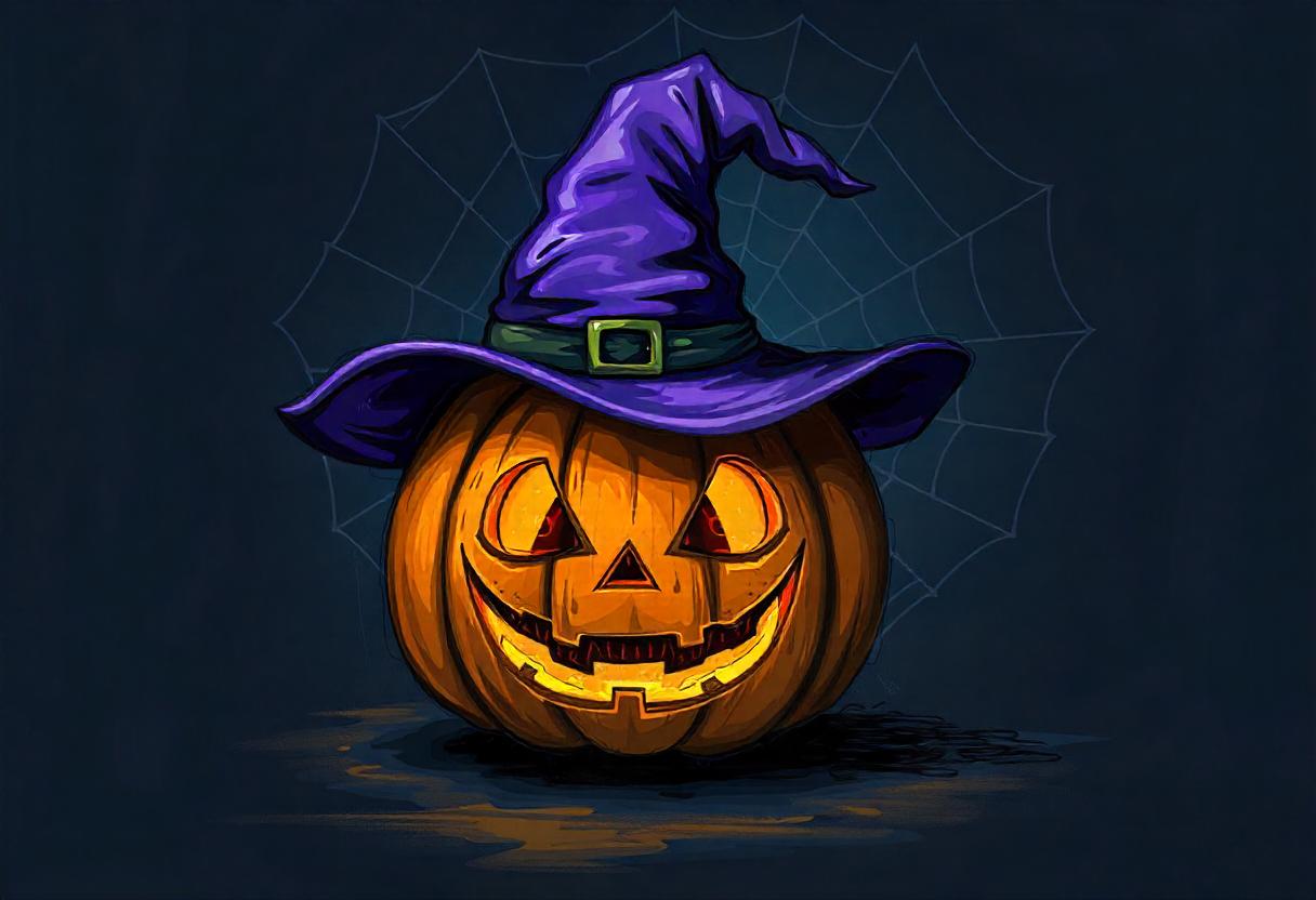 A smiling jack-o'-lantern wears a purple witch's hat A smiling jack-o'-lantern wears a purple witch's hat