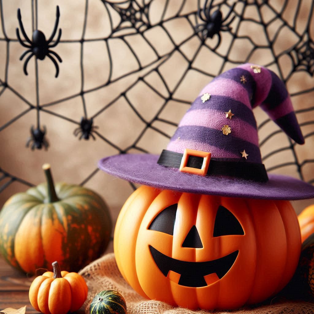 A pumpkin wearing a witch hat sits in front of a spiderweb A pumpkin wearing a witch hat sits in front of a spiderweb
