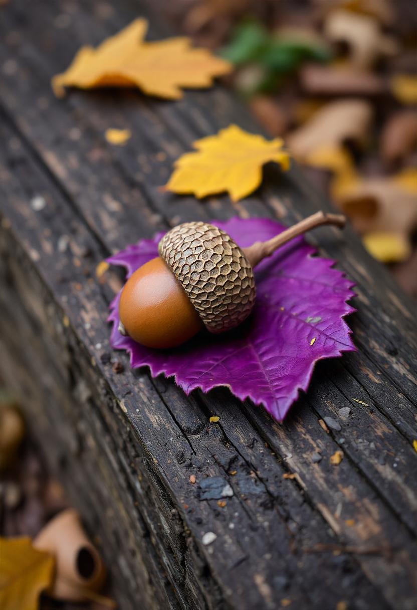 An acorn rests on a purple leaf on a wooden log