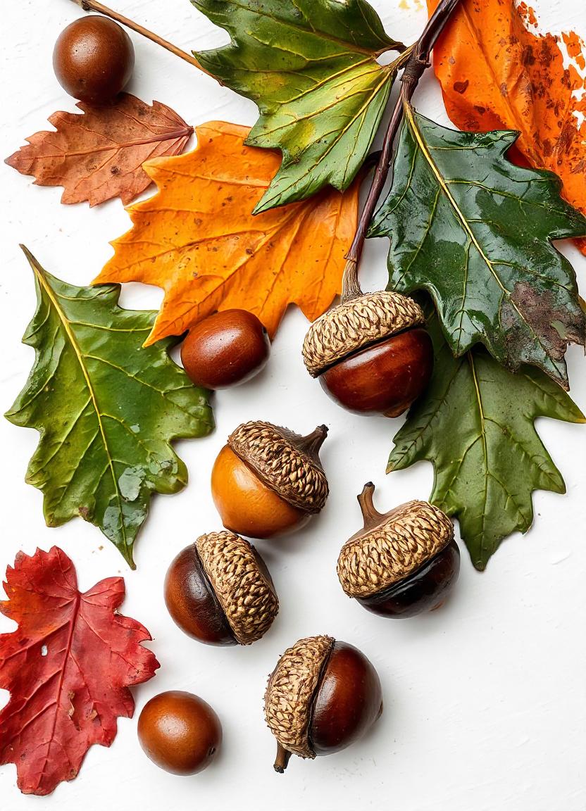 Acorn and leaf arrangement on a white background Acorn and leaf arrangement on a white background