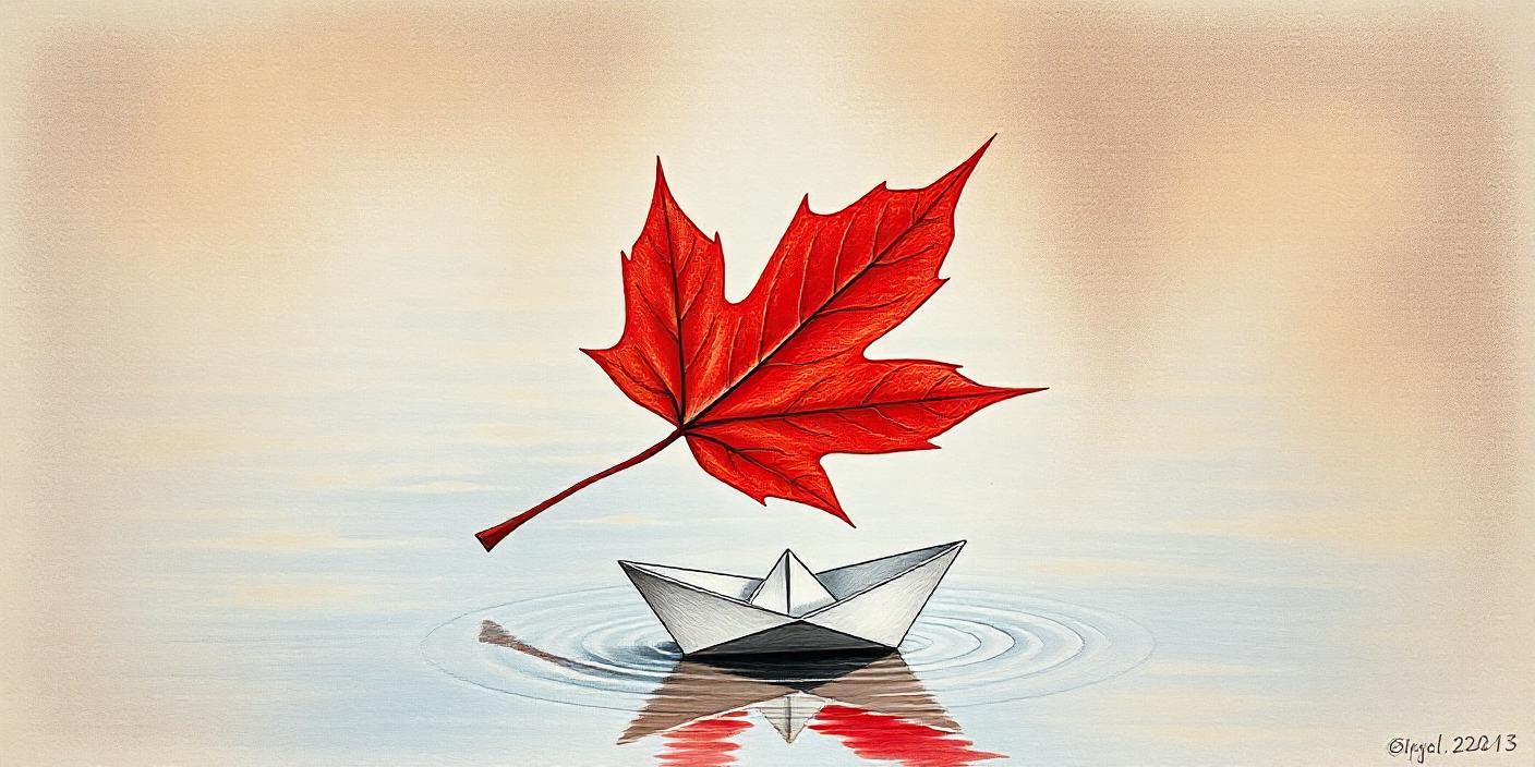 A red maple leaf floats over a paper boat in the water A red maple leaf floats over a paper boat in the water