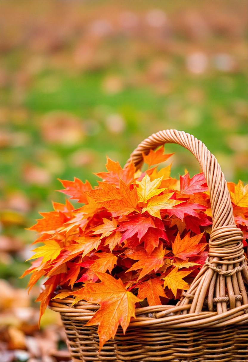A woven basket sits on a bed of fallen leaves A woven basket sits on a bed of fallen leaves