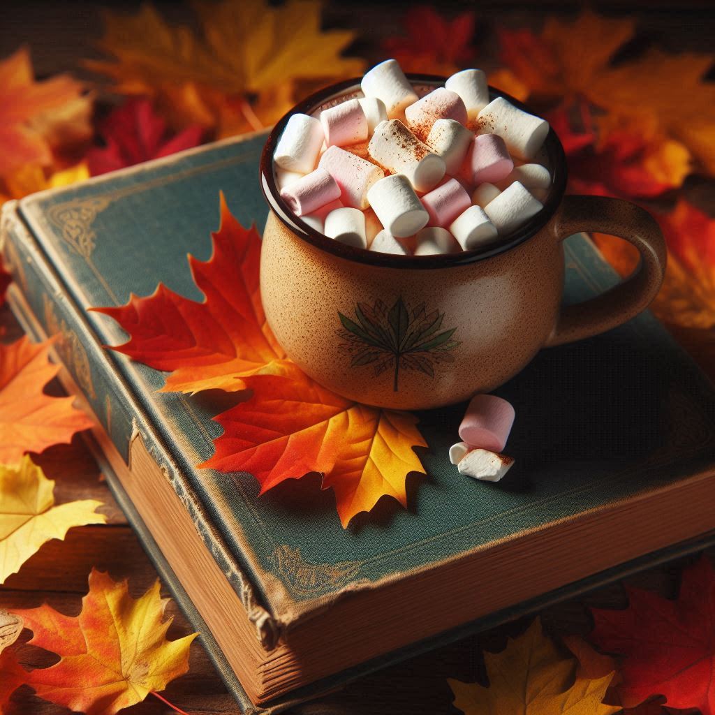 Hot cocoa with marshmallows on a book, autumn leaves Hot cocoa with marshmallows on a book, autumn leaves