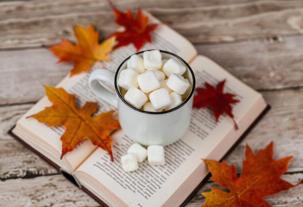 A white mug filled with marshmallows sits on an open book A white mug filled with marshmallows sits on an open book