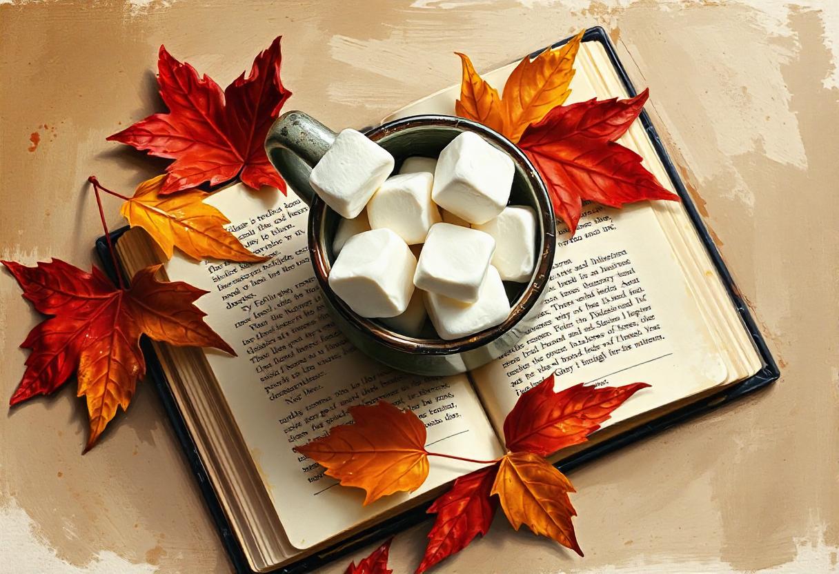 Hot chocolate with marshmallows on a book, by leaves Hot chocolate with marshmallows on a book, by leaves