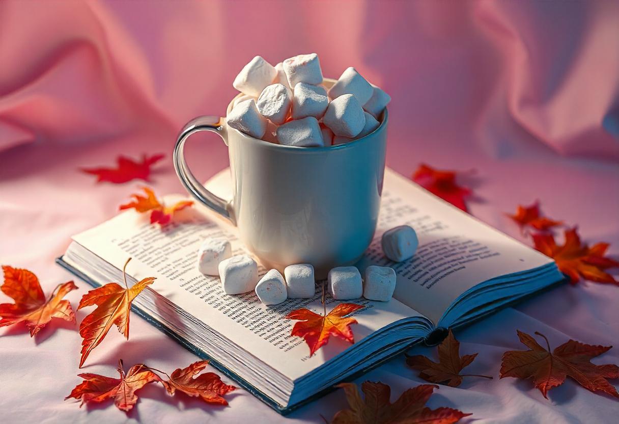 Hot chocolate with marshmallows on a book, autumn leaves Hot chocolate with marshmallows on a book, autumn leaves