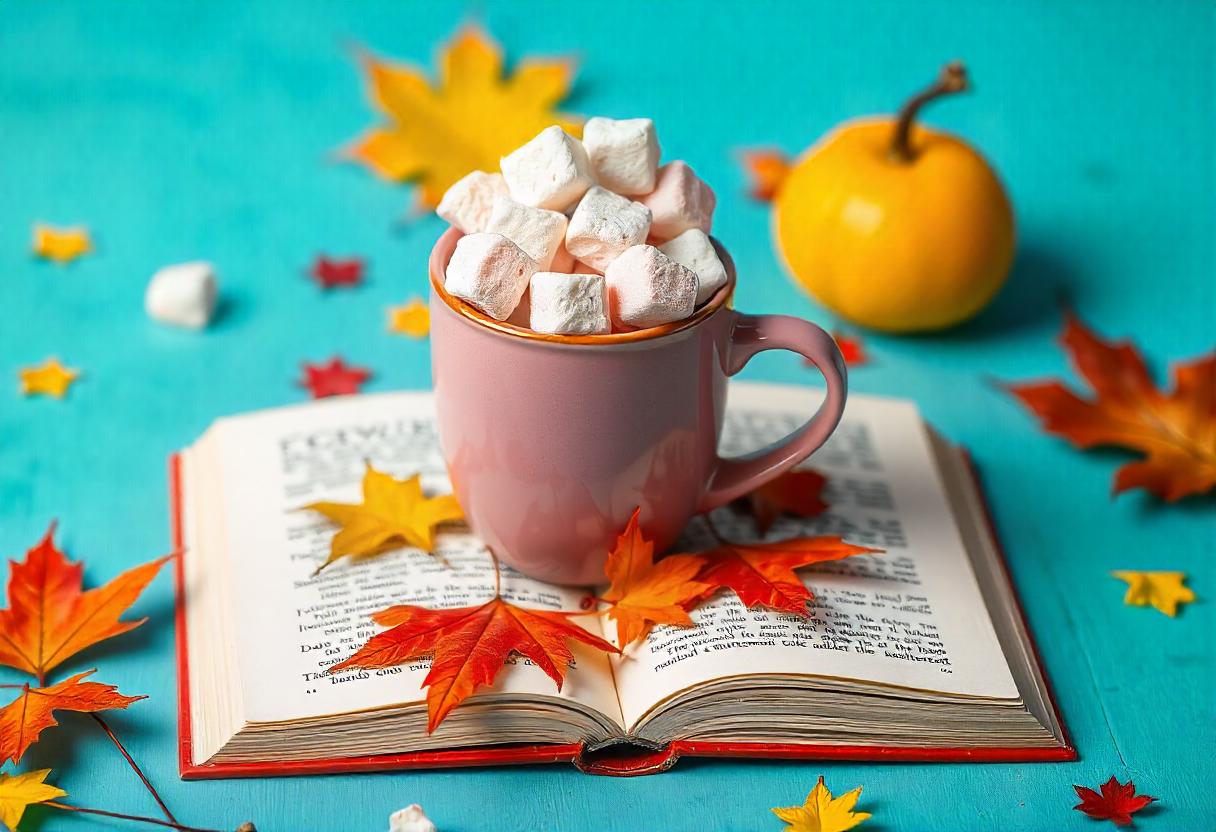 A pink mug of marshmallows rests on a book with leaves A pink mug of marshmallows rests on a book with leaves