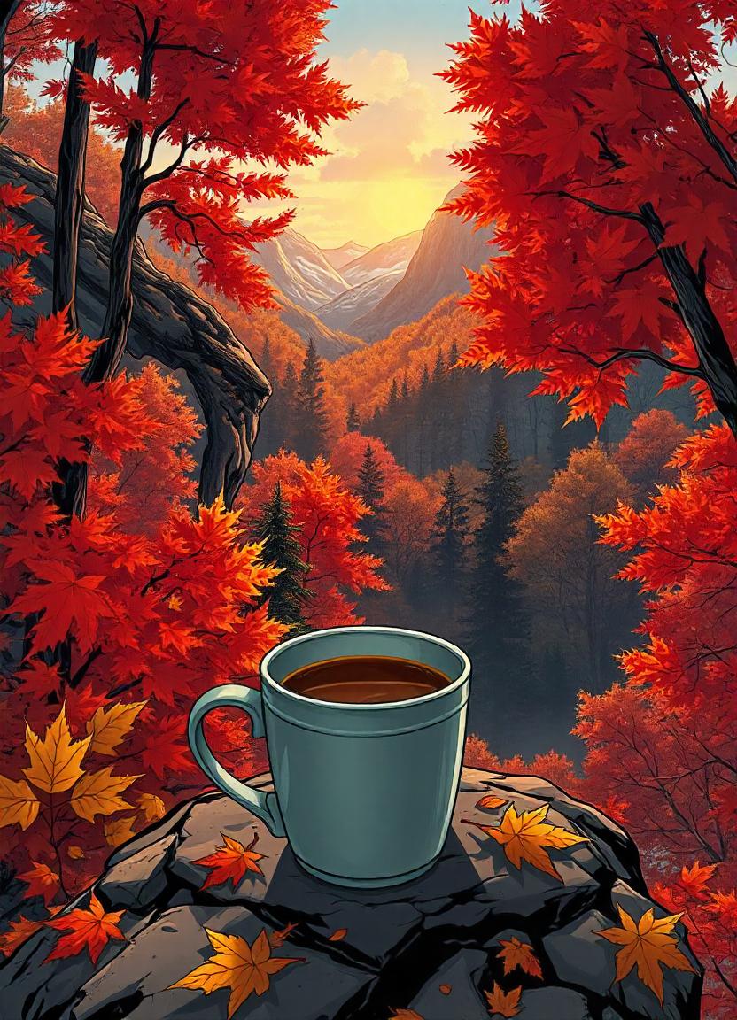 A mug of coffee sits on a rock in a mountain valley A mug of coffee sits on a rock in a mountain valley