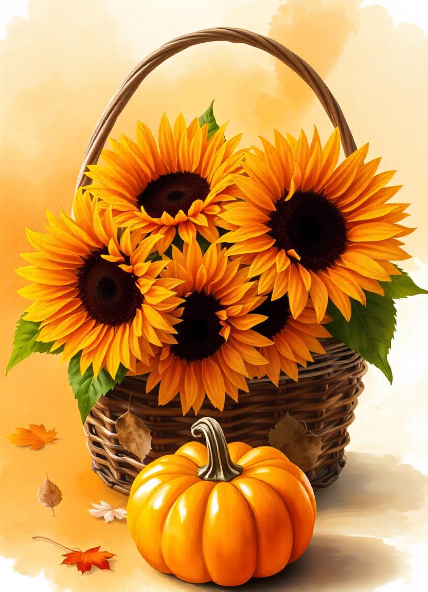 Sunflowers and a pumpkin in a basket Sunflowers and a pumpkin in a basket