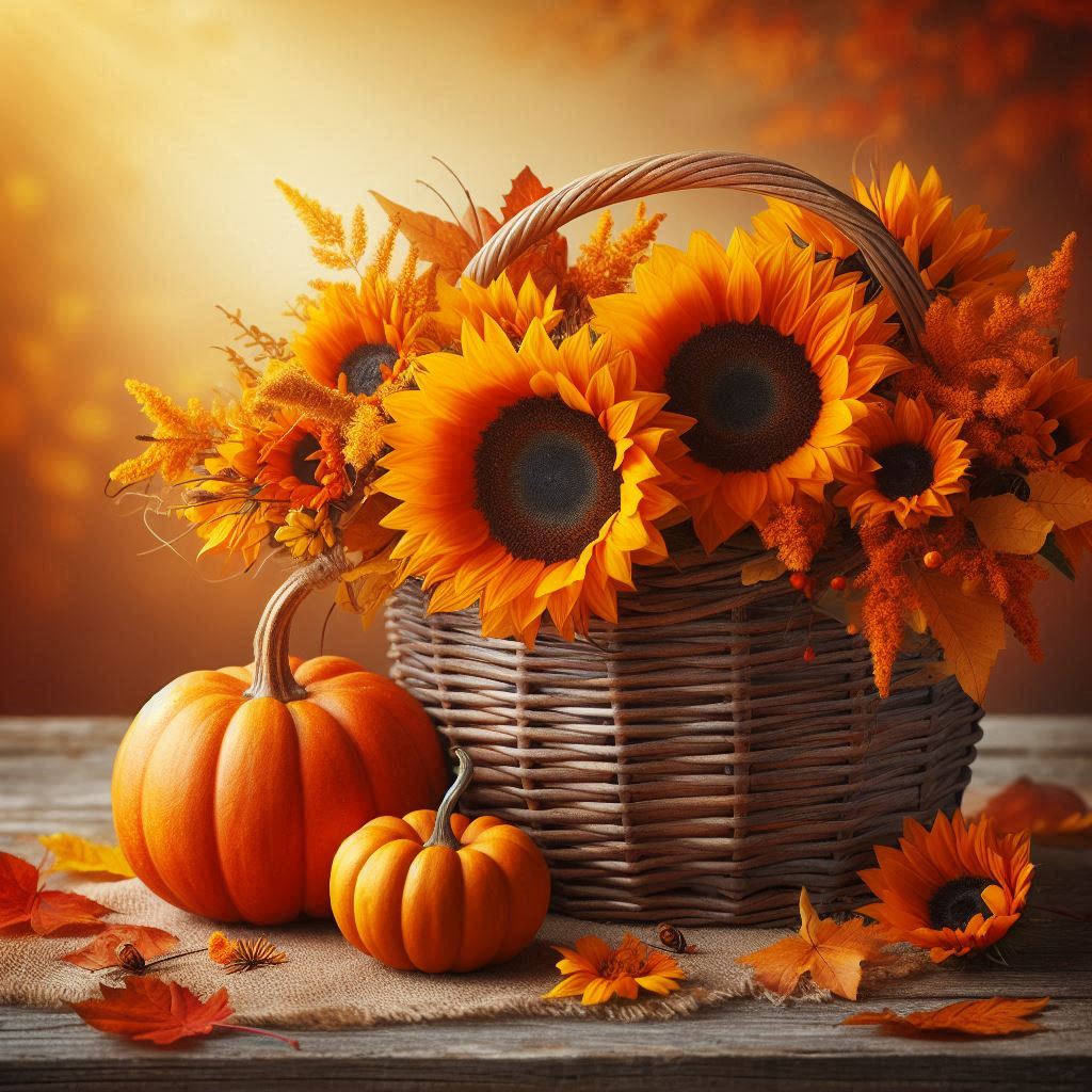 Sunflowers and pumpkins in a basket on a wooden table Sunflowers and pumpkins in a basket on a wooden table