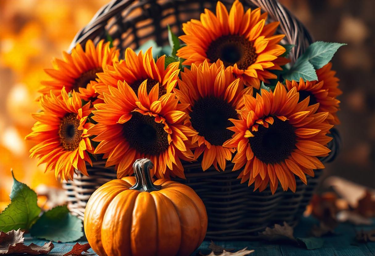 A basket of sunflowers and a pumpkin sit on a table A basket of sunflowers and a pumpkin sit on a table