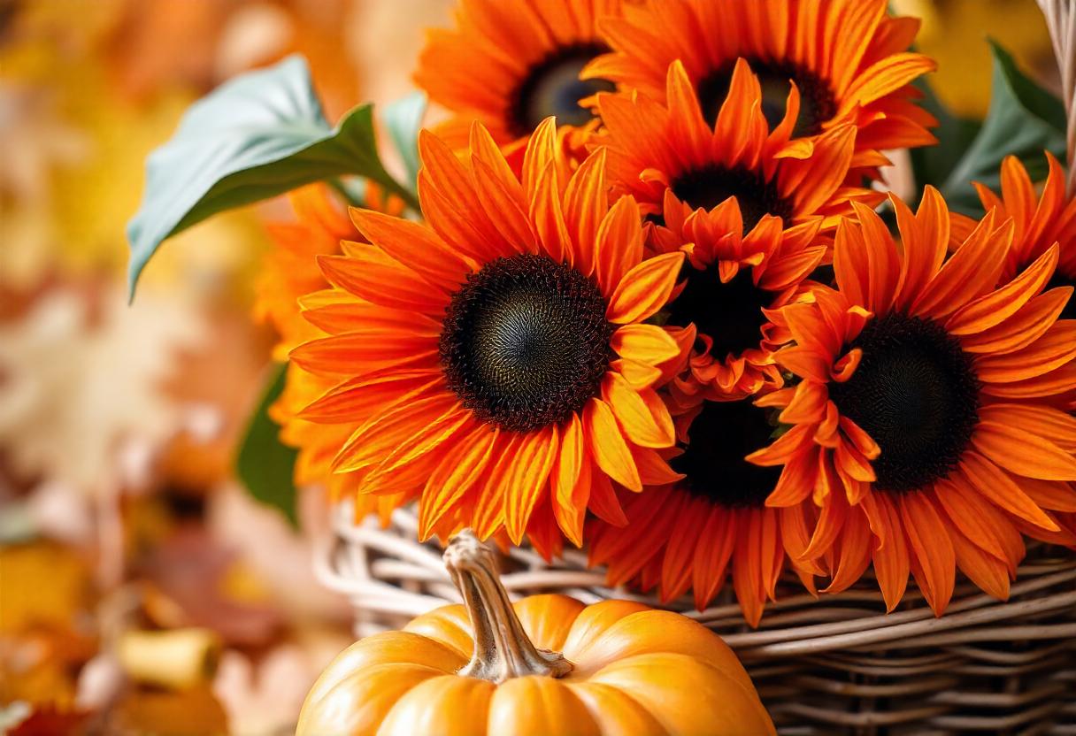 Orange sunflowers and a pumpkin in a basket Orange sunflowers and a pumpkin in a basket