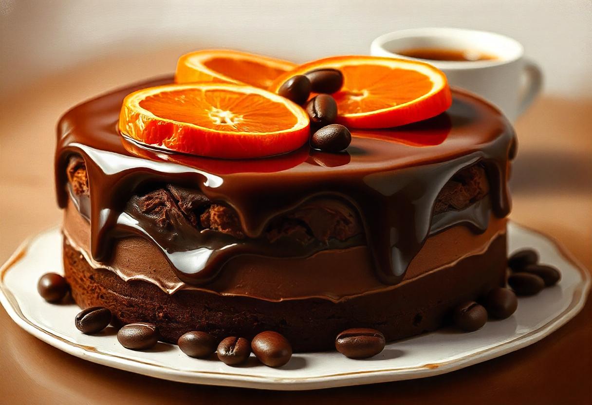 A chocolate cake with orange slices and coffee beans A chocolate cake with orange slices and coffee beans