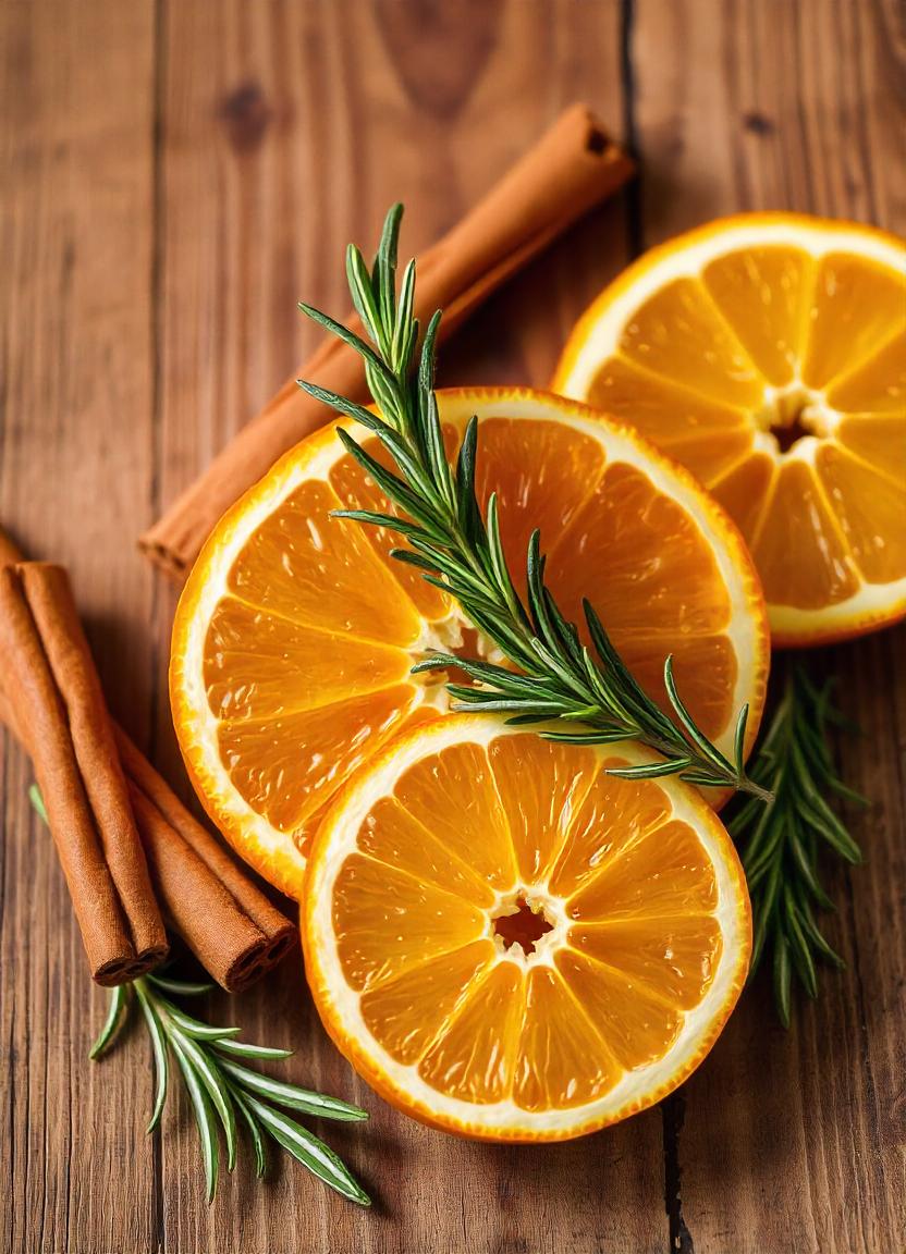 Wooden table with orange slices, cinnamon, rosemary Wooden table with orange slices, cinnamon, rosemary