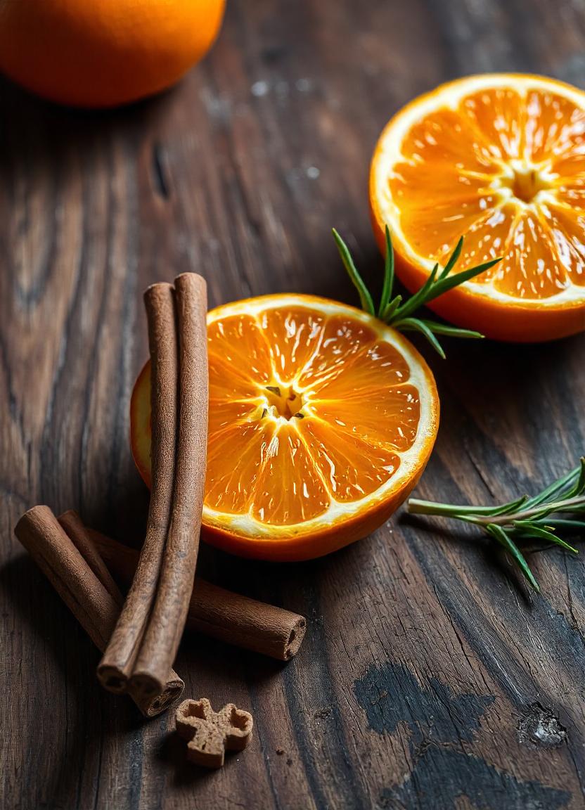 Orange slices, cinnamon sticks, and rosemary on wood Orange slices, cinnamon sticks, and rosemary on wood
