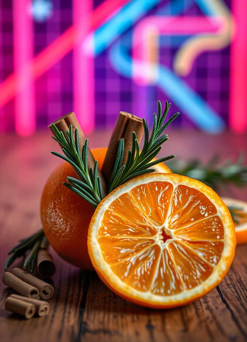 Orange with cinnamon and rosemary by neon light Orange with cinnamon and rosemary by neon light
