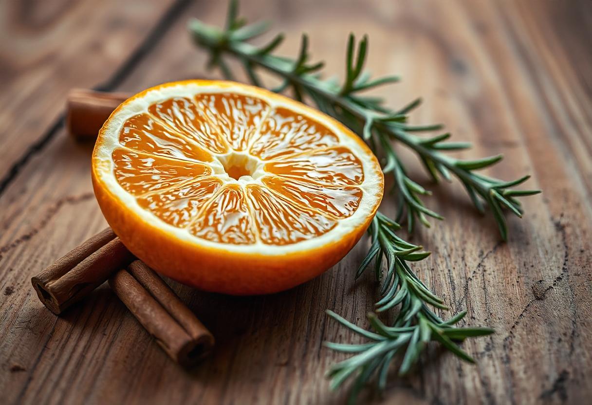 Orange slice on wood with cinnamon and rosemary Orange slice on wood with cinnamon and rosemary