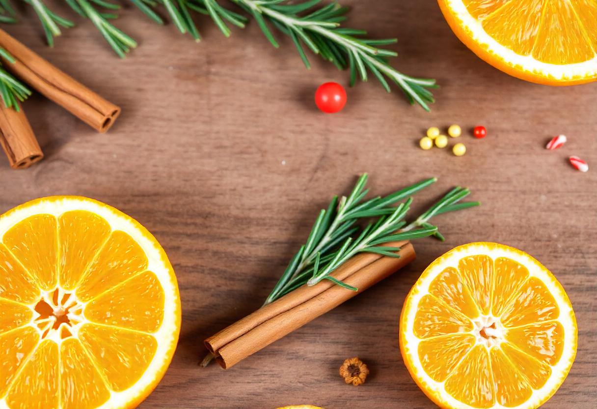Orange slices, cinnamon, and rosemary on wood Orange slices, cinnamon, and rosemary on wood