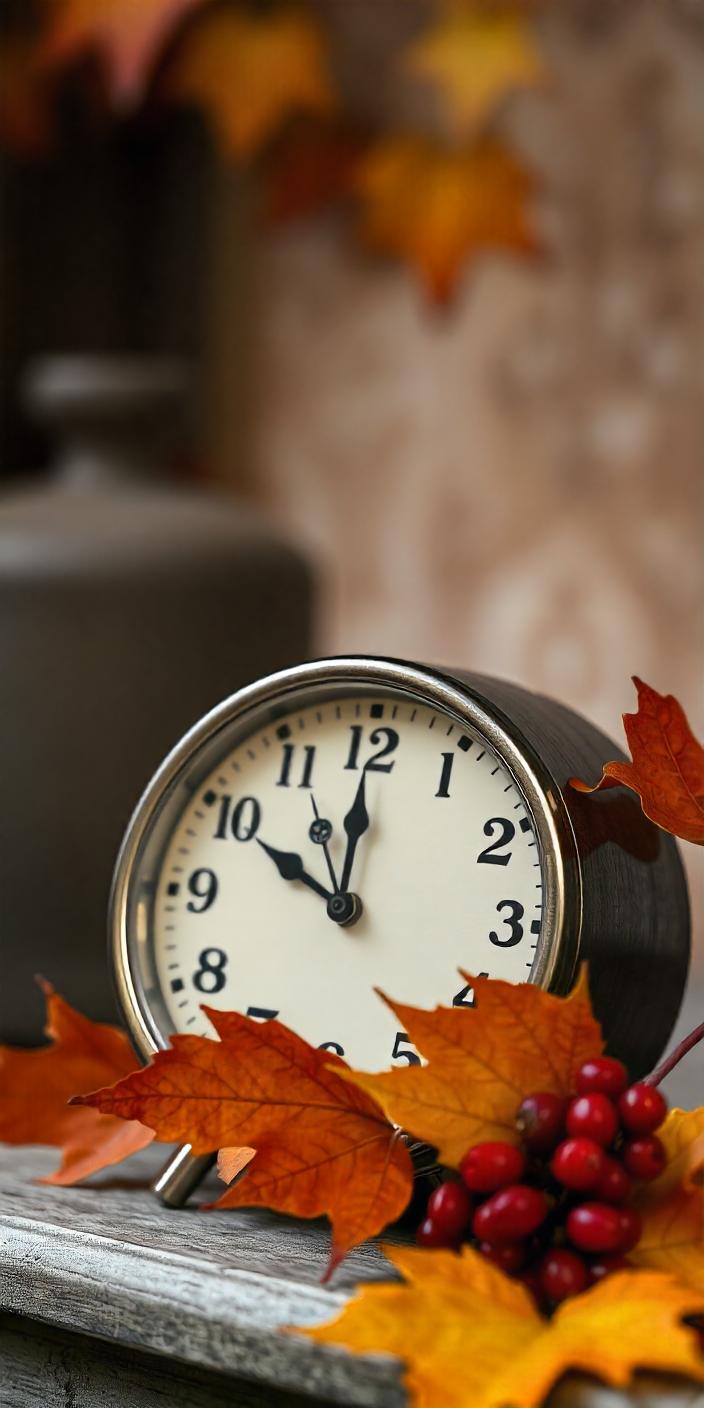 A clock sits on a wooden surface surrounded by autumn leaves A clock sits on a wooden surface surrounded by autumn leaves