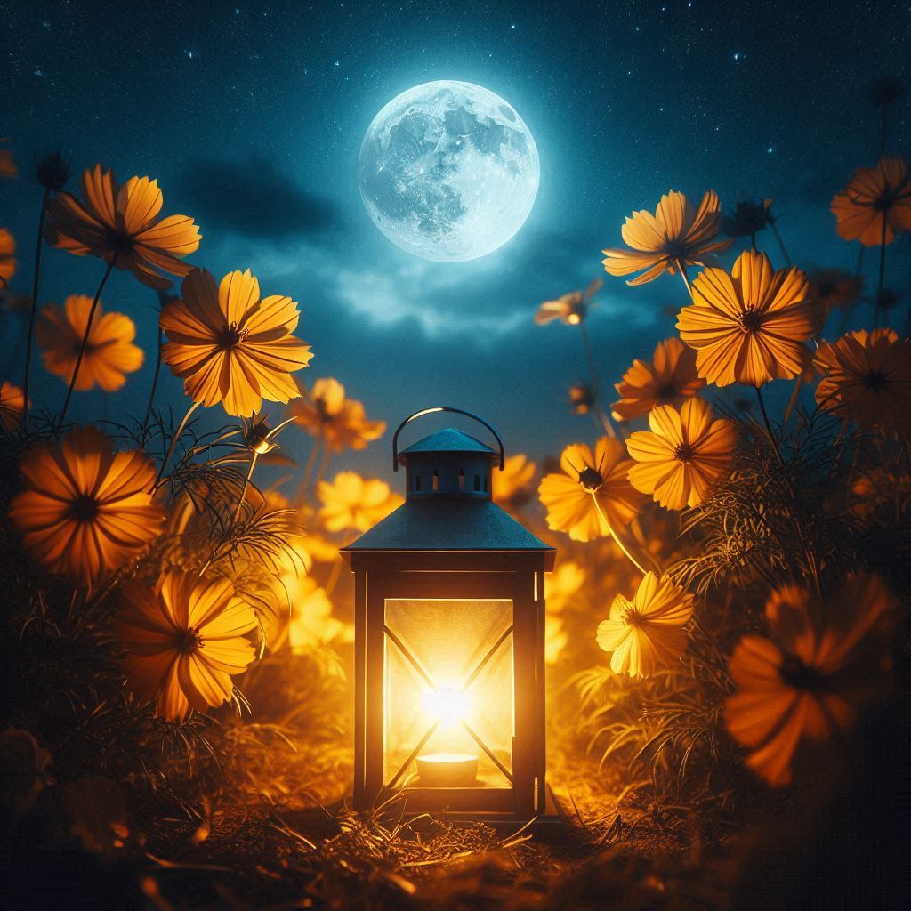 A lantern glows in a field of flowers under the full moon A lantern glows in a field of flowers under the full moon