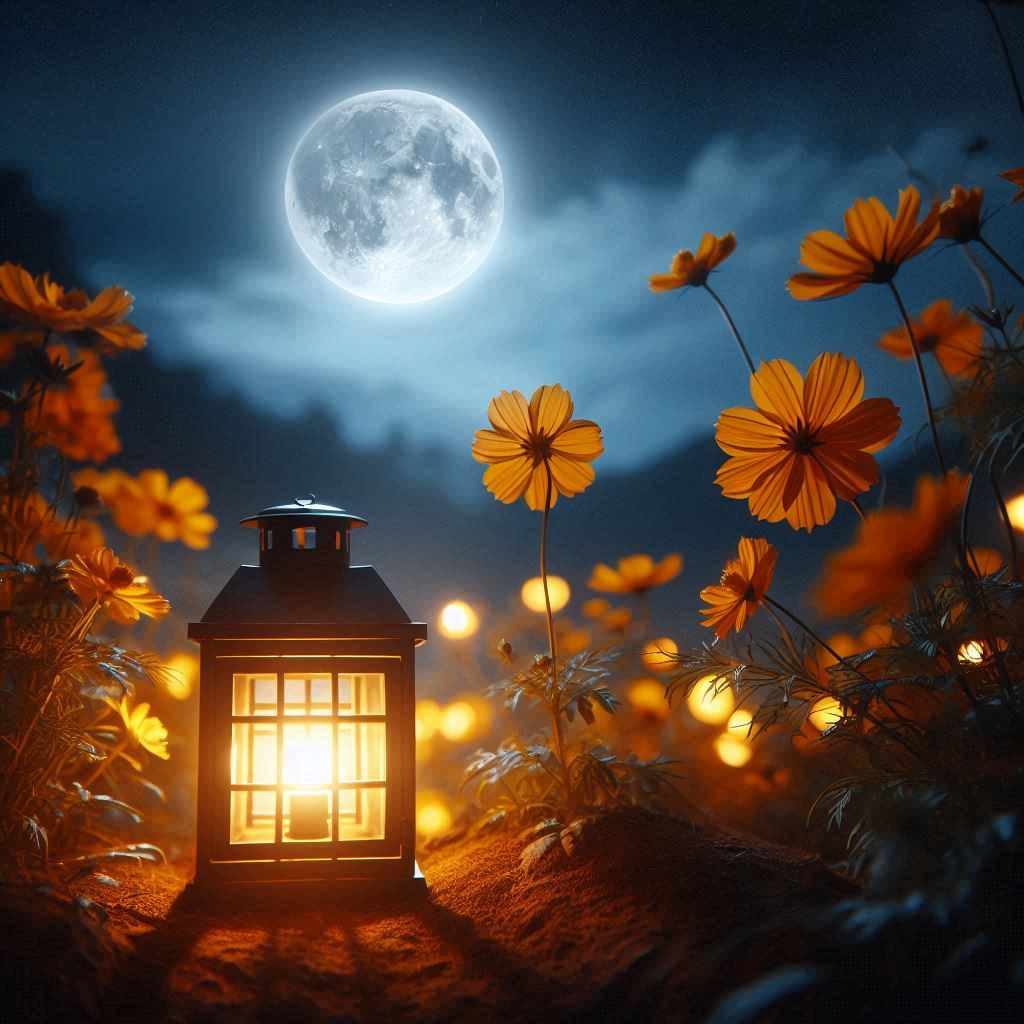 A lantern glows under a full moon in a field of flowers A lantern glows under a full moon in a field of flowers