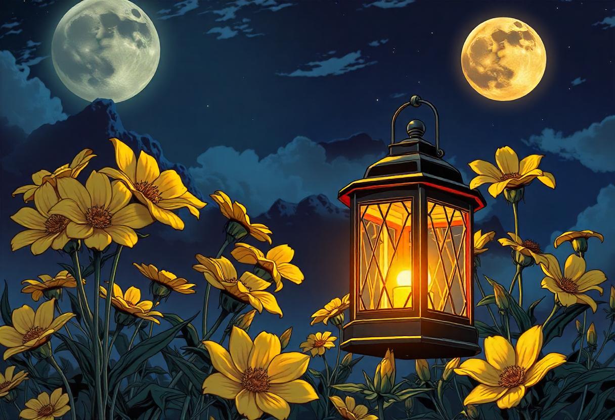 A lantern glows under a full moon A lantern glows under a full moon