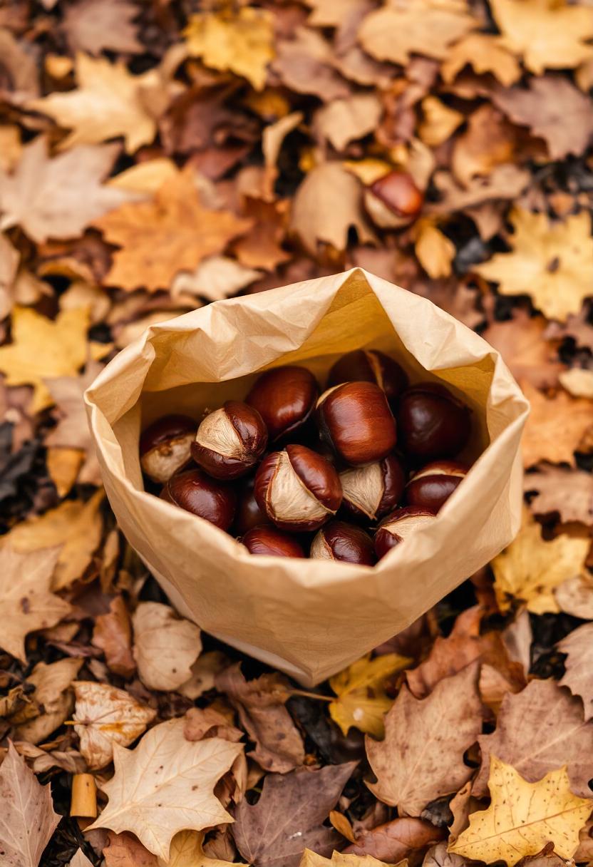 A bag of chestnuts rests on autumn leaves A bag of chestnuts rests on autumn leaves