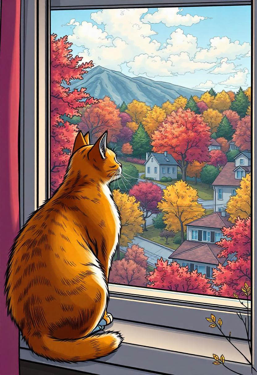 A cat sits by the window, watching the autumn foliage A cat sits by the window, watching the autumn foliage