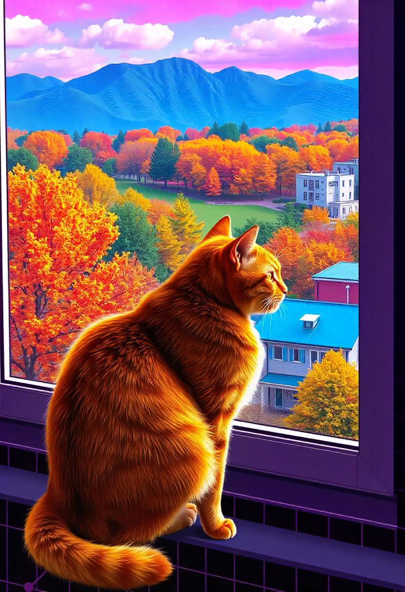 Ginger cat watches fall leaves from the window Ginger cat watches fall leaves from the window