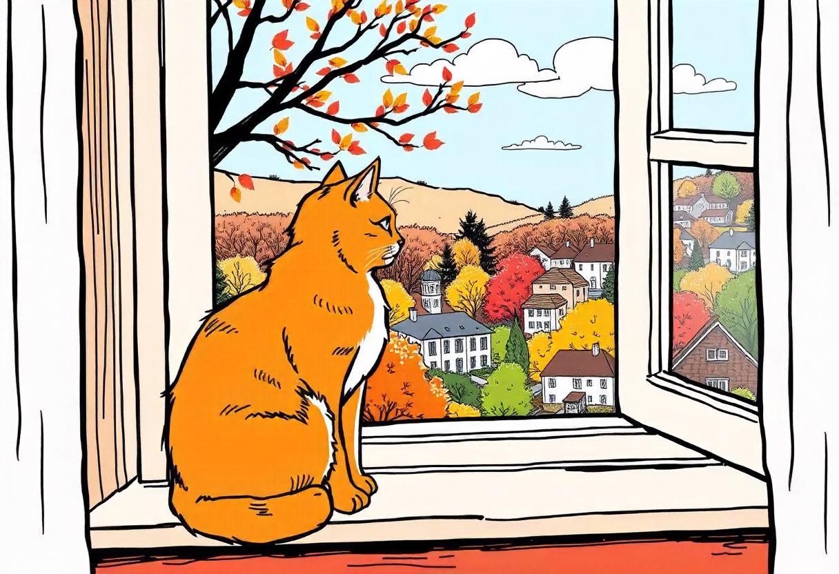 A cat sits by a window looking out at fall foliage A cat sits by a window looking out at fall foliage