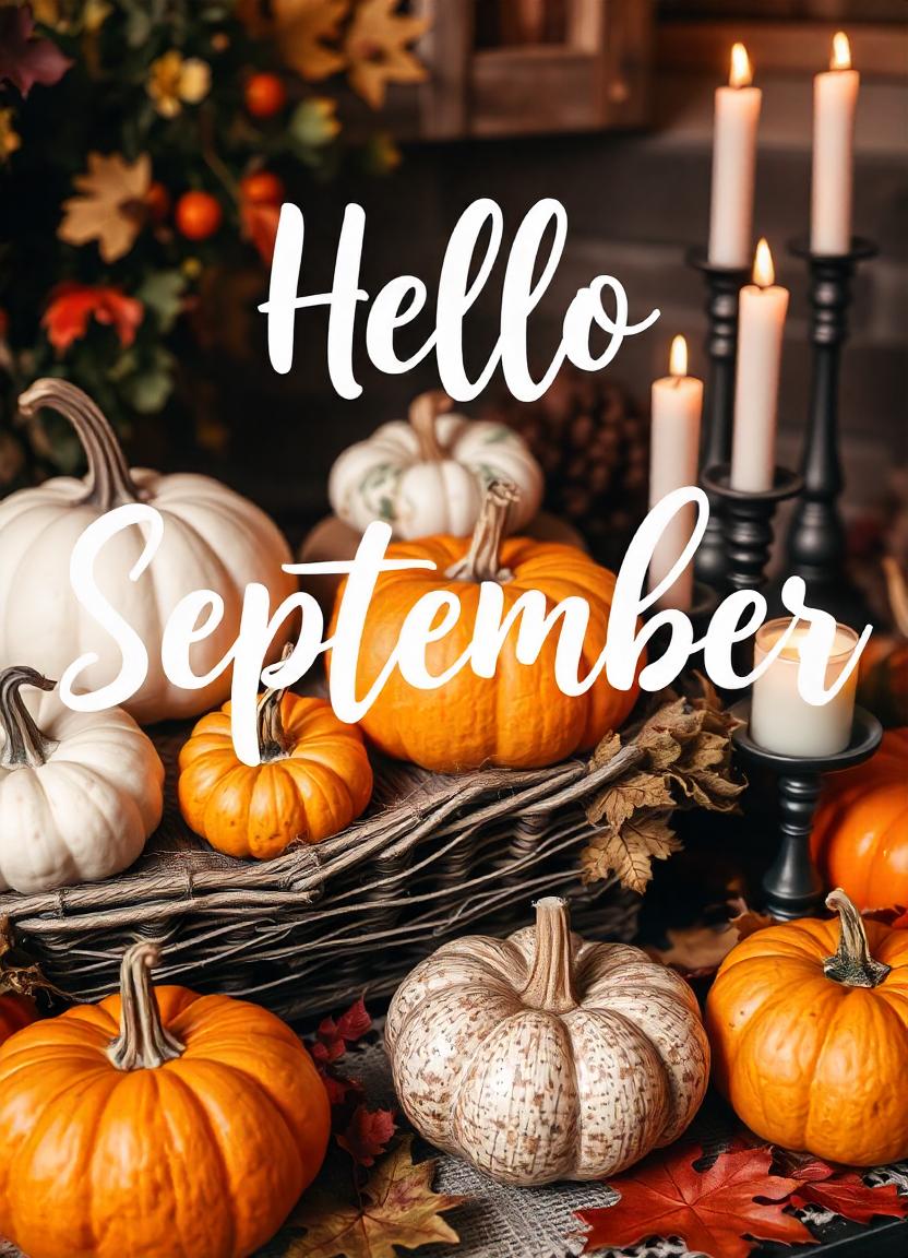 Hello september, pumpkins and candles are ready for fall Hello september, pumpkins and candles are ready for fall