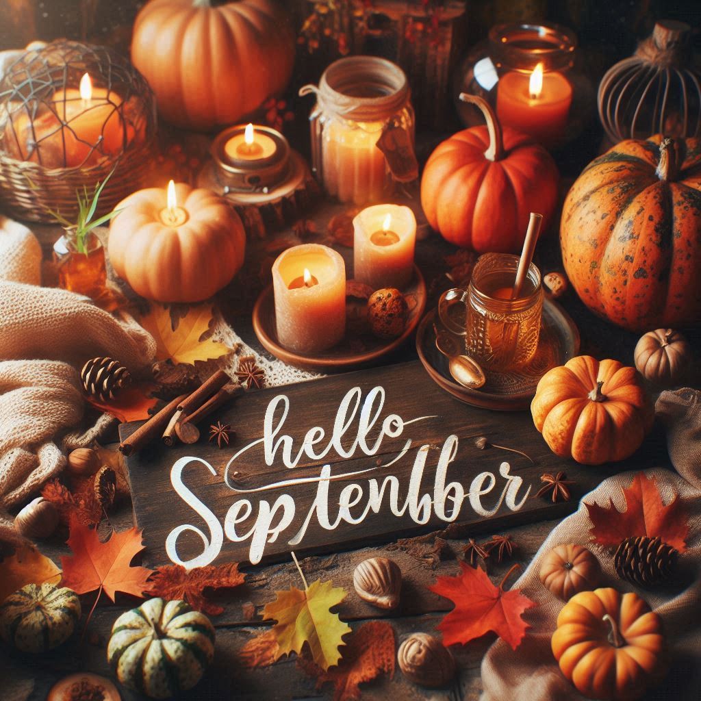 Hello september, with pumpkins and candles Hello september, with pumpkins and candles