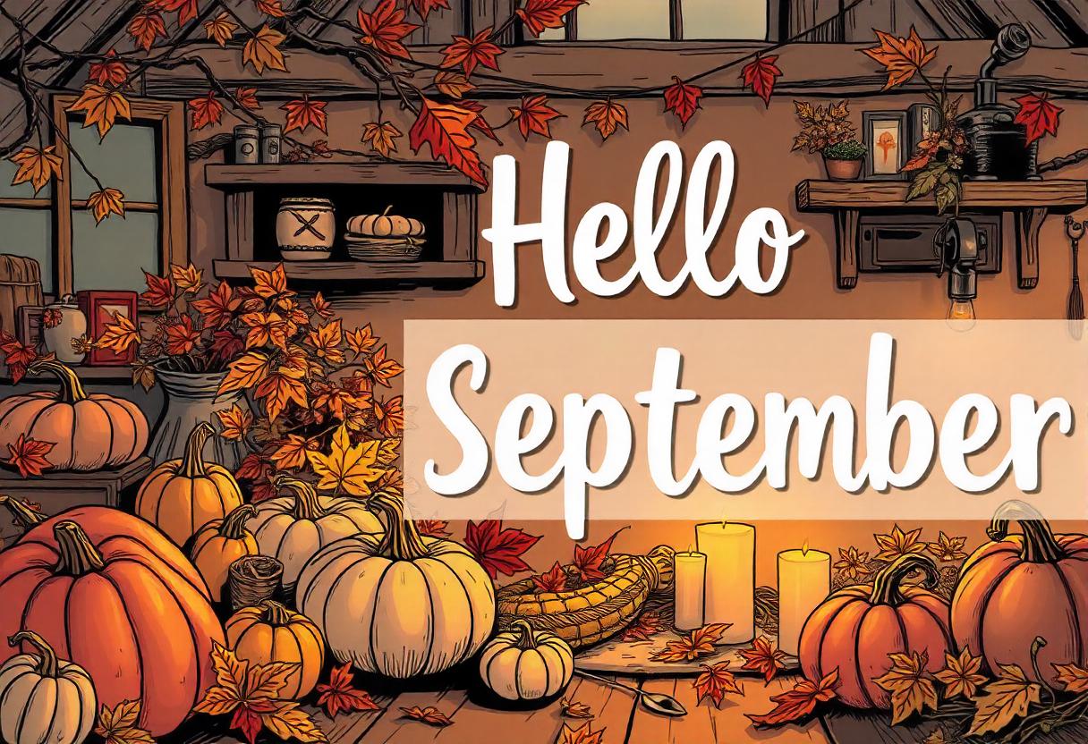 Hello september, with pumpkins and fall leaves Hello september, with pumpkins and fall leaves