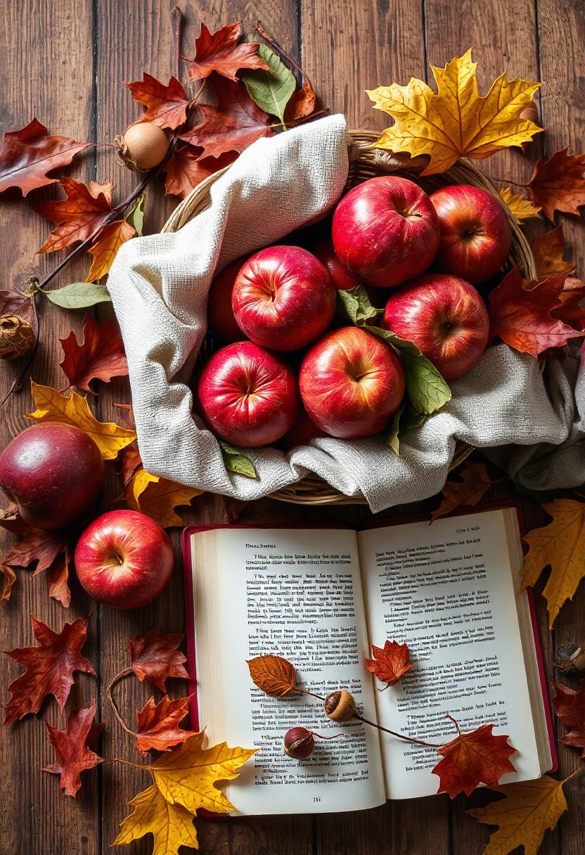 A basket of red apples on a wooden table with autumn leaves A basket of red apples on a wooden table with autumn leaves