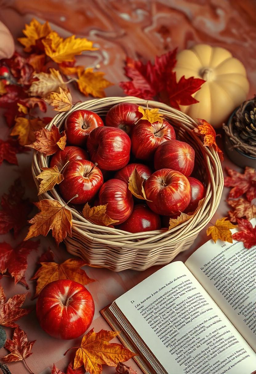 Apples and leaves beside a book on a table Apples and leaves beside a book on a table