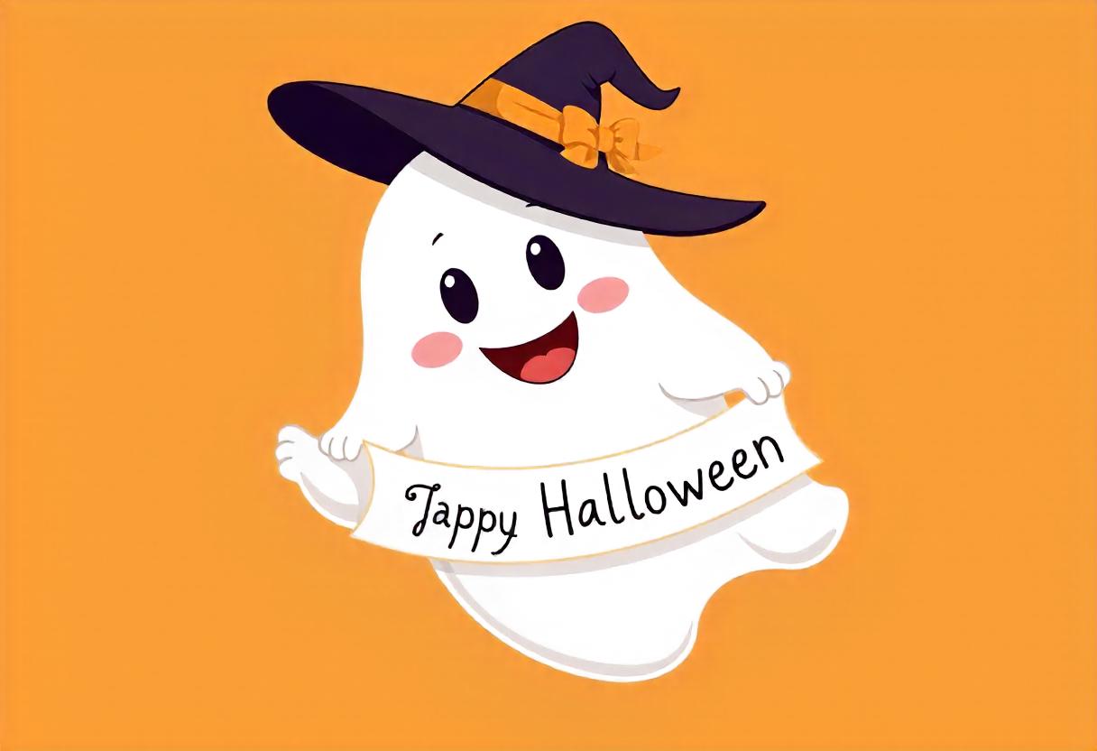 A ghost in a witch hat holds a happy halloween banner A ghost in a witch hat holds a happy halloween banner