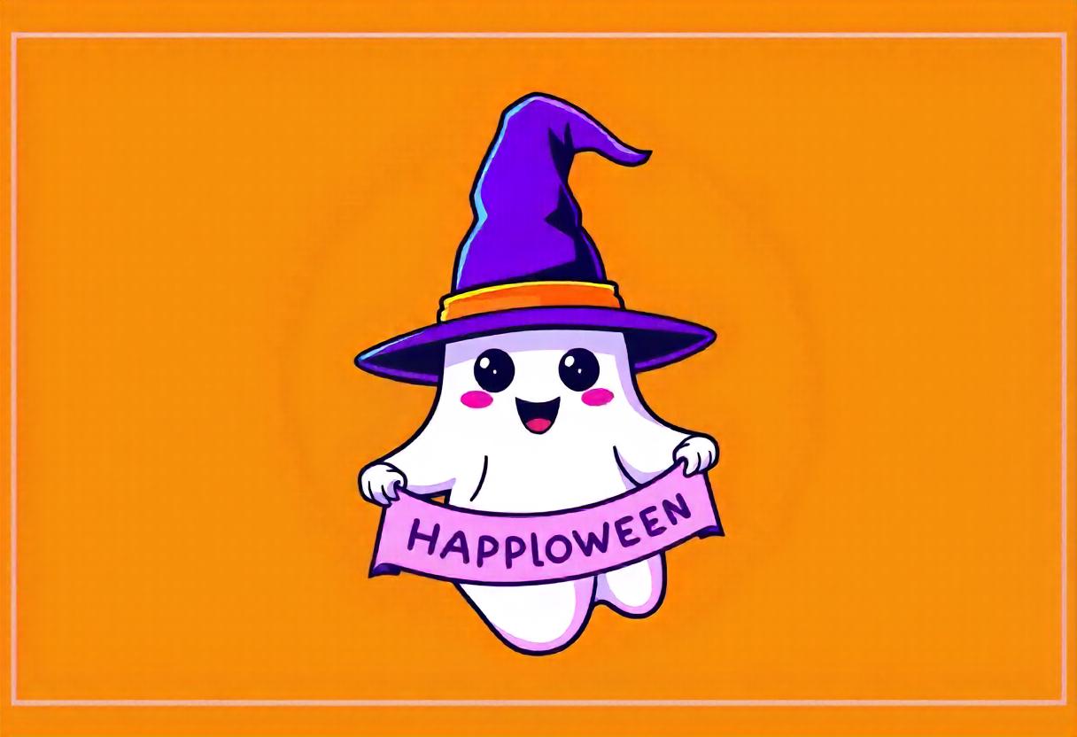 Ghost in a witch hat holds happyloween banner Ghost in a witch hat holds happyloween banner