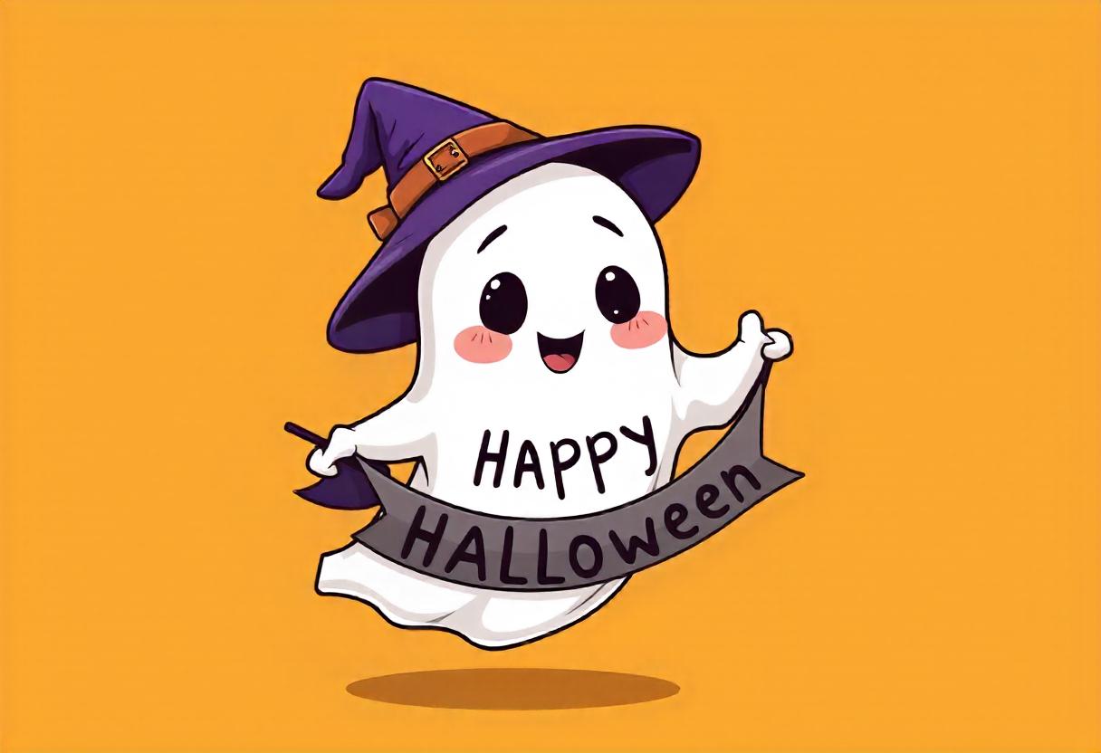 A friendly ghost in a witch hat wishes a happy halloween A friendly ghost in a witch hat wishes a happy halloween