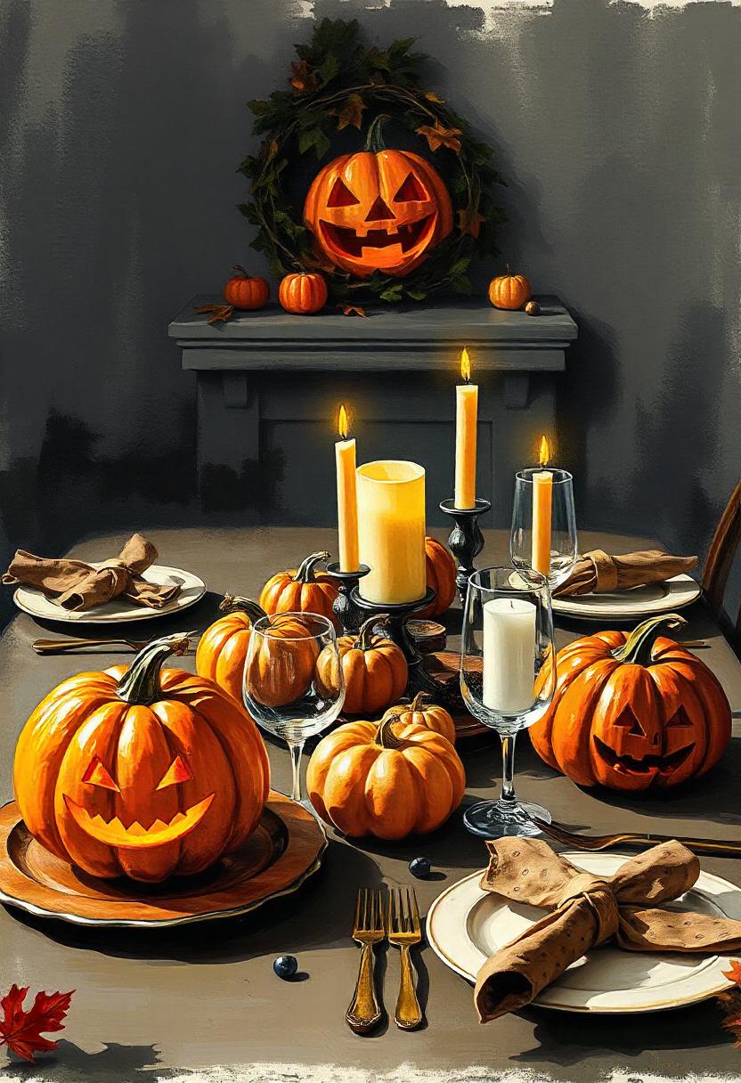 A halloween table setting with pumpkins and candles A halloween table setting with pumpkins and candles