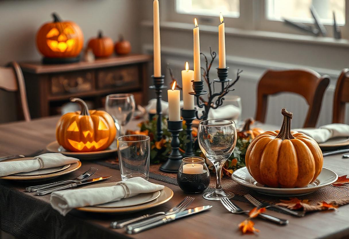 A spooky halloween table setting with pumpkins and candles A spooky halloween table setting with pumpkins and candles